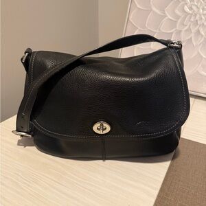 Coach Black Leather Shoulder Bag with Teal Interior